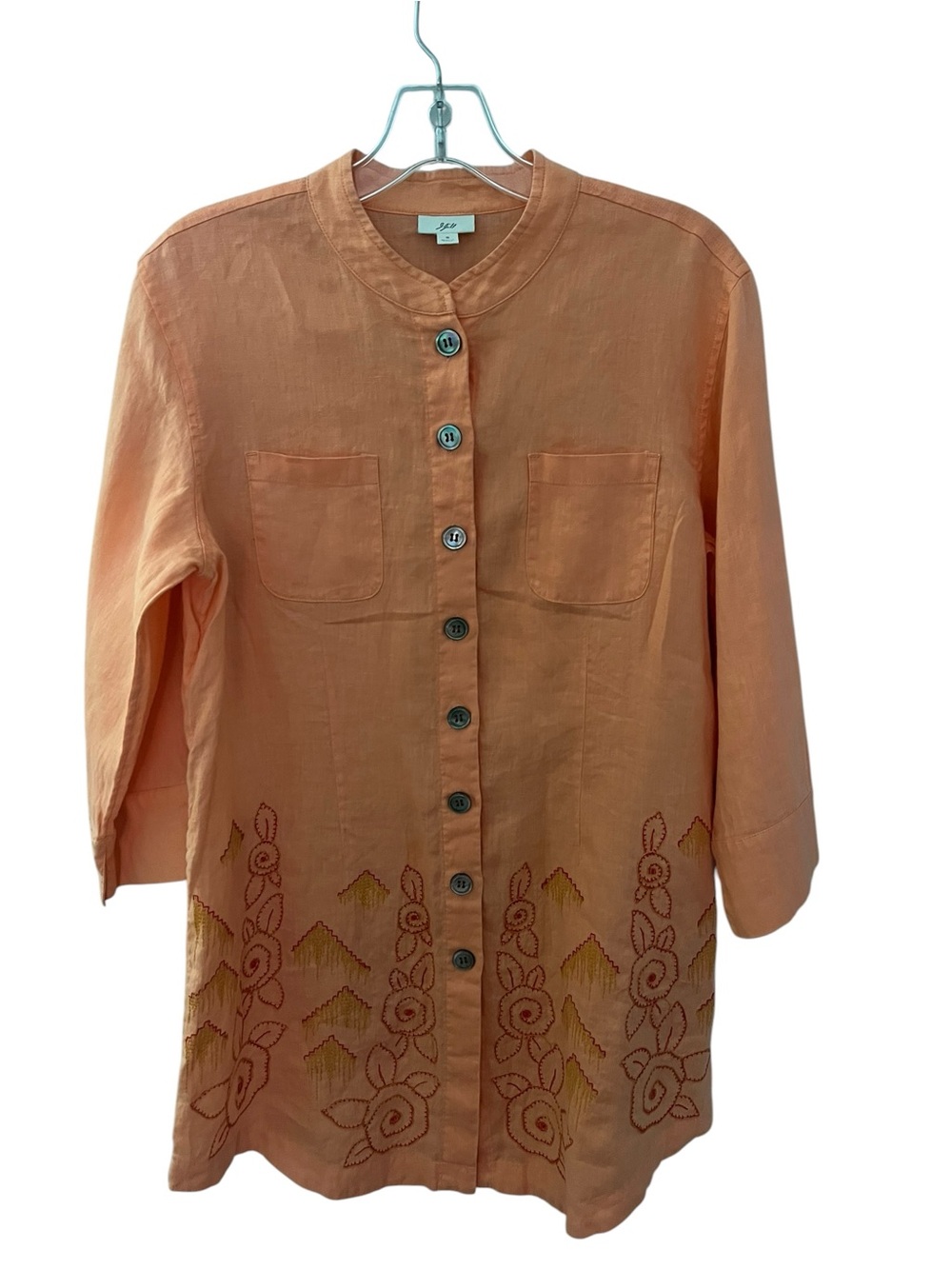 J Jill Linen Tunic Top Orange Sorbet Embroidered Button Front Boho Cottagecore S